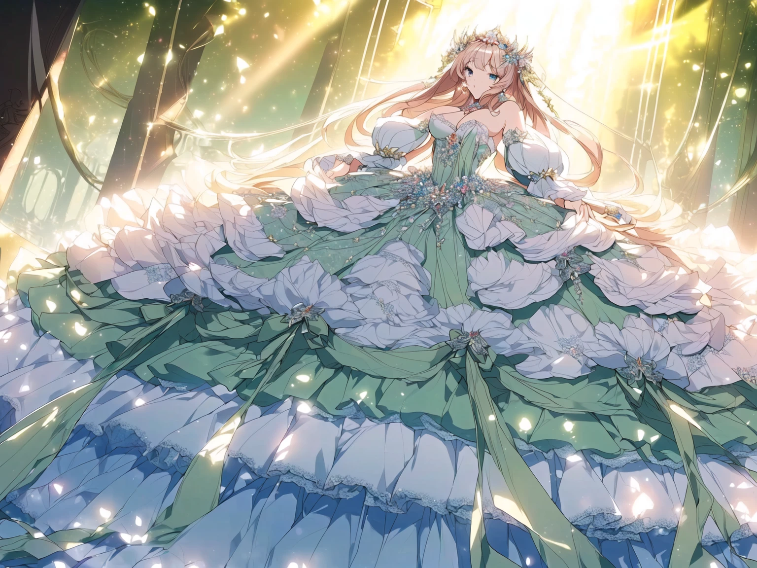 ((Anime cute art style)),(((digital))),Noble atmosphere,(masterpiece), (best quality), (Super detailed),illustration,(Very delicate and beautiful),Dynamic angle,looking at the audience,(((solitary))),((whole body)),(((1 Gorgeous and noble princess in wide skirt))),jewel eye,(Very long hair),Gorgeous embroidery and lace,transparent,gorgeous ruffles,(Huge breasts,Long Breasts),(Gorgeous ball gown with loose skirt),