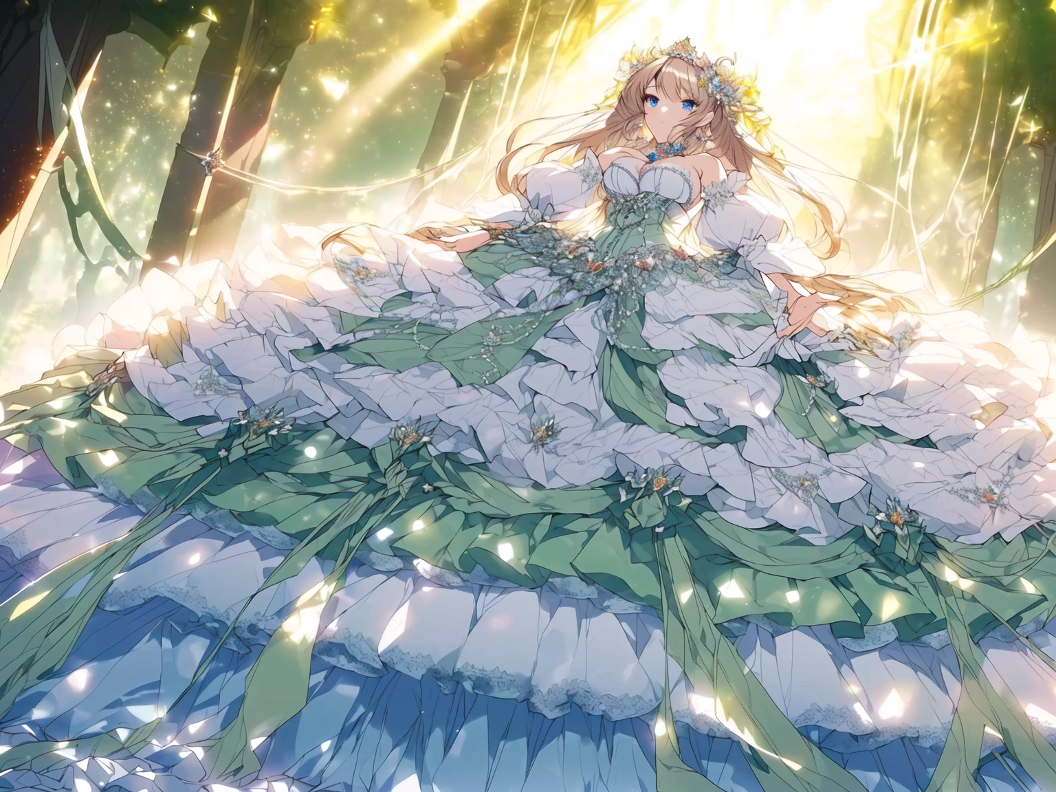 ((Anime cute art style)),(((digital))),Noble atmosphere,(masterpiece), (best quality), (Super detailed),illustration,(Very delicate and beautiful),Dynamic angle,looking at the audience,(((solitary))),((whole body)),(((1 Gorgeous and noble princess in wide skirt))),jewel eye,(Very long hair),Gorgeous embroidery and lace,transparent,gorgeous ruffles,(Huge breasts,Long Breasts),(Gorgeous ball gown with loose skirt),