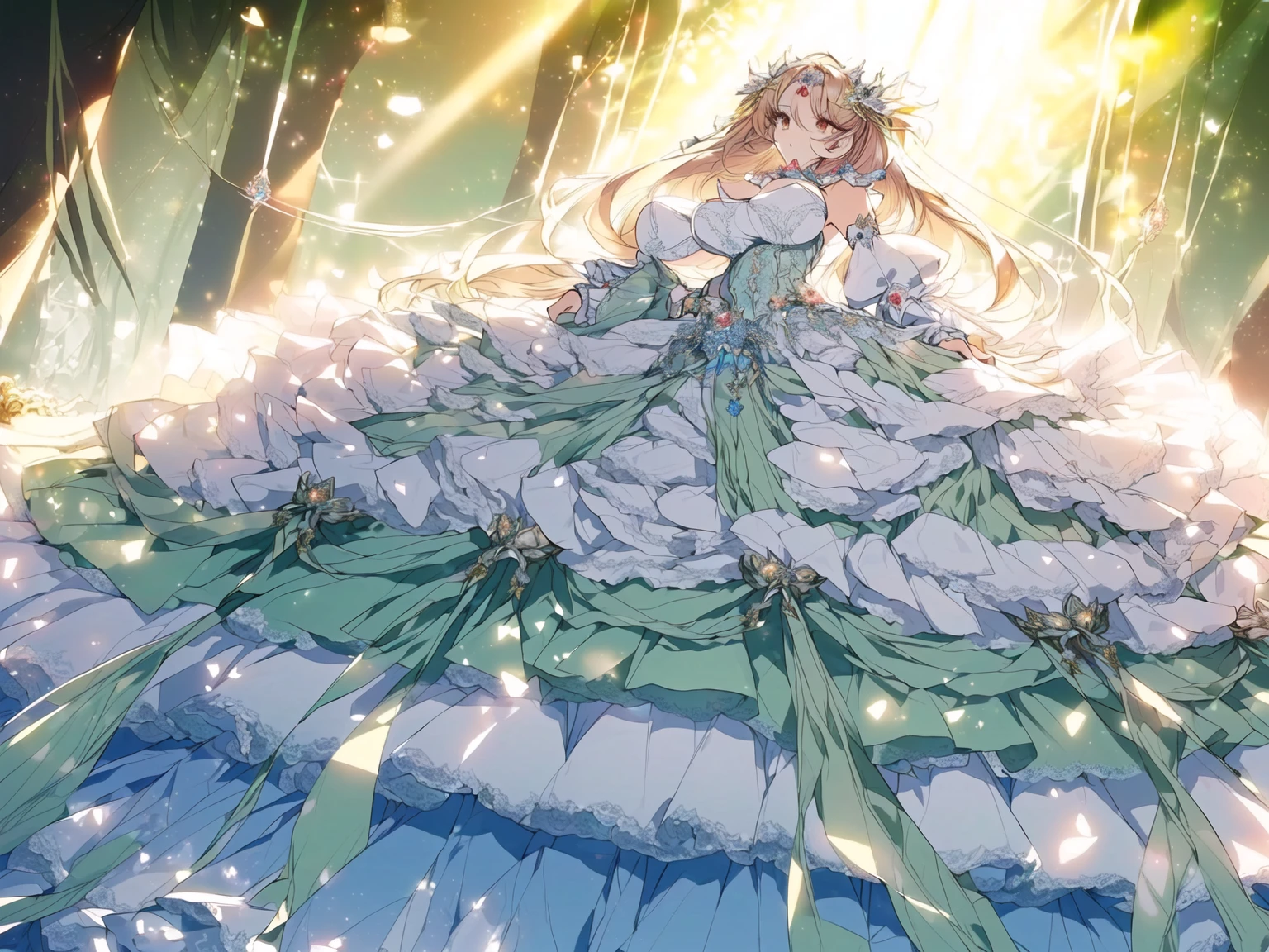 ((Anime cute art style)),(((digital))),Noble atmosphere,(masterpiece), (best quality), (Super detailed),illustration,(Very delicate and beautiful),Dynamic angle,looking at the audience,(((solitary))),((whole body)),(((1 Gorgeous and noble princess in wide skirt))),jewel eye,(Very long hair),Gorgeous embroidery and lace,transparent,gorgeous ruffles,(Huge breasts,Long Breasts),(Gorgeous ball gown with loose skirt),