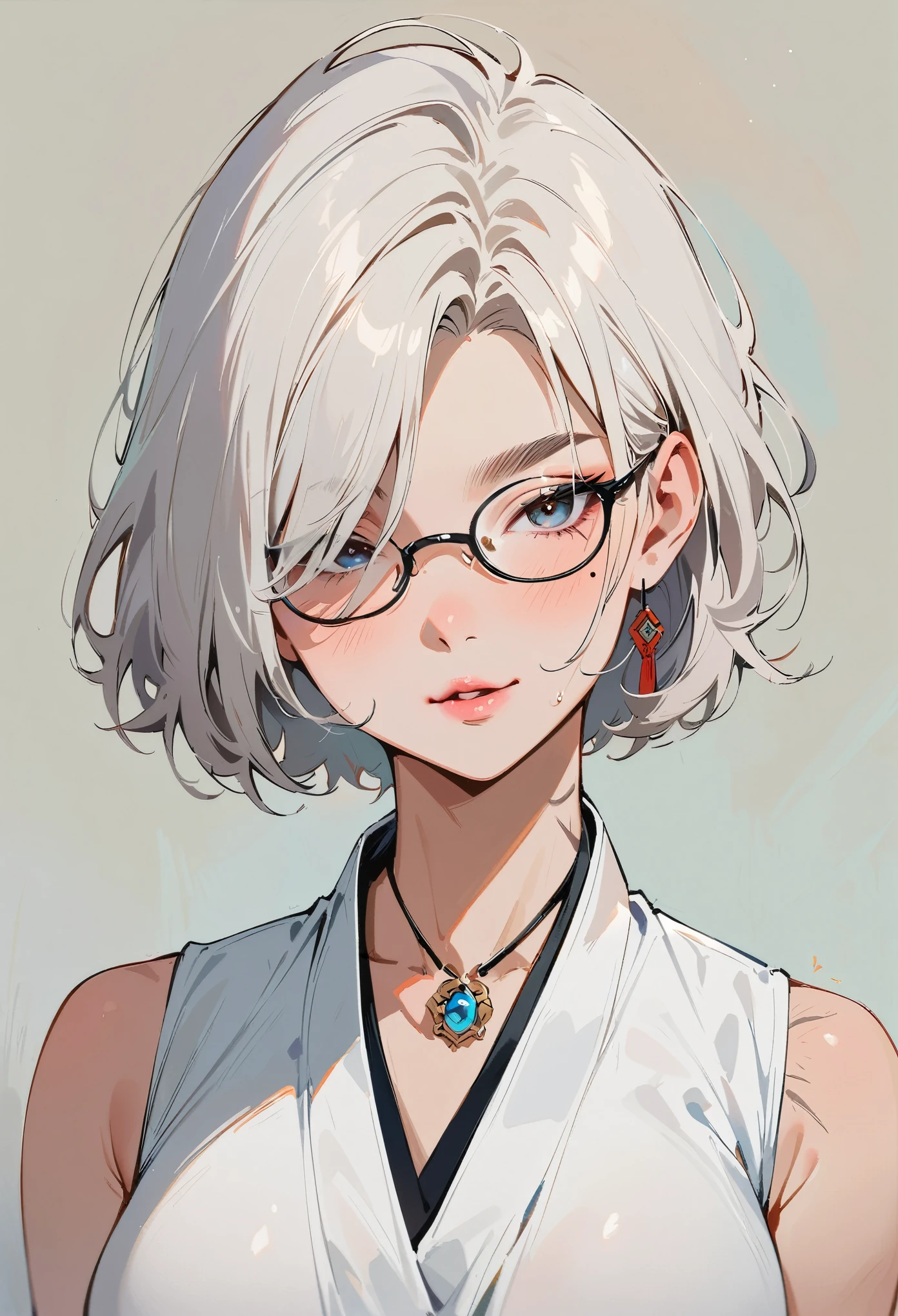 (masterpiece, best quality:1.4), 1 girl, 独奏, Anime style, Dark gray pupils, Blurred eyes, Pouting and smiling, Head slightly down, Black-rimmed glasses, Large scars on the face, Large scars, Right tear mole, Gray bald head,, Super short hair, Simple accessories, Styles of Top Portrait Artists, large breasts, White vest, White air coming out of mouth, Vision, Gray background.