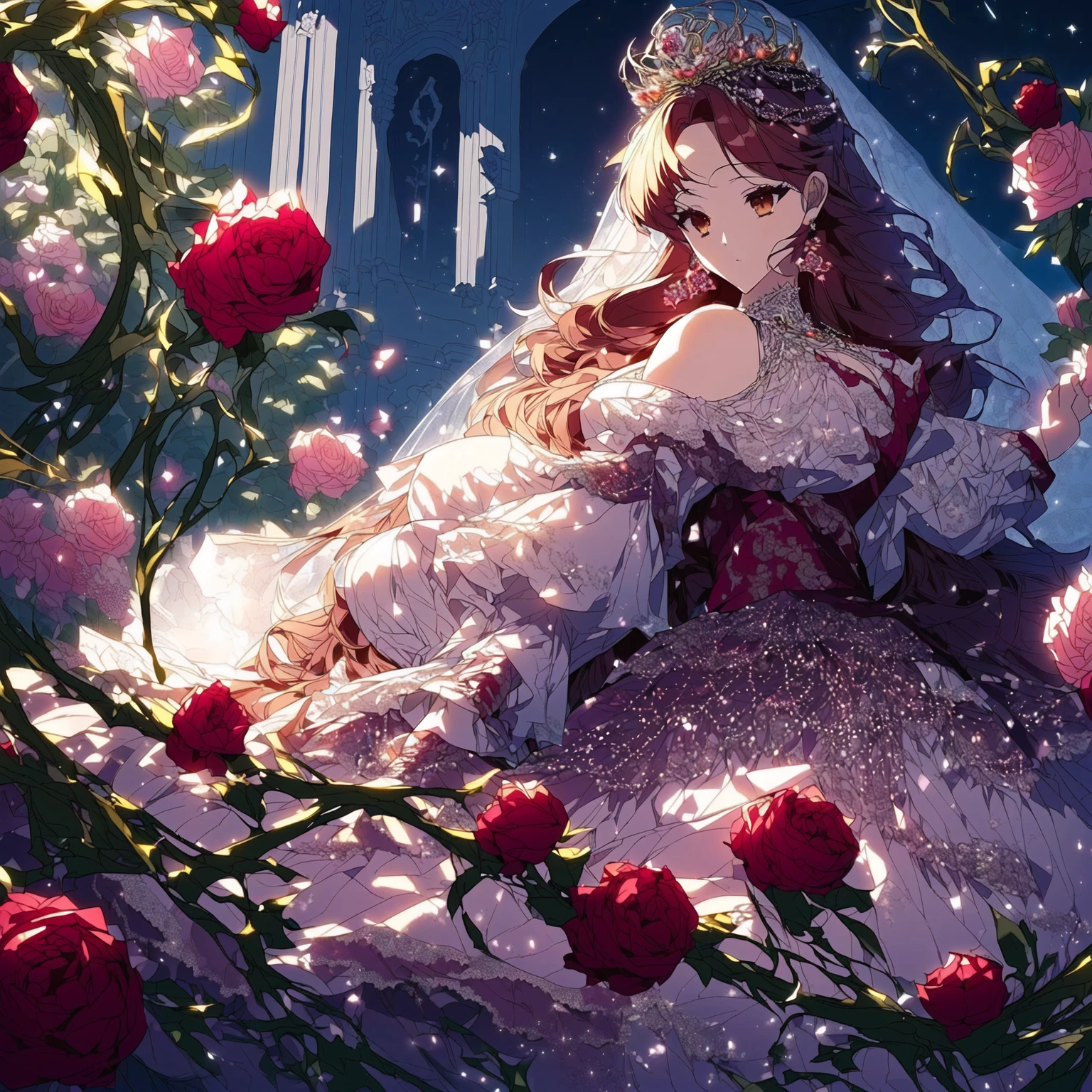 ((Anime cute art style)),(((digital))),Noble atmosphere,(masterpiece), (best quality), (Super detailed),illustration,(Very delicate and beautiful),Dynamic angle,looking at the audience,(((solitary))),((whole body)),(((1 Gorgeous and noble princess in wide skirt))),jewel eye,(Very long hair),Gorgeous embroidery and lace,transparent,gorgeous ruffles,(Huge breasts,Long Breasts),(Gorgeous ball gown with loose skirt),