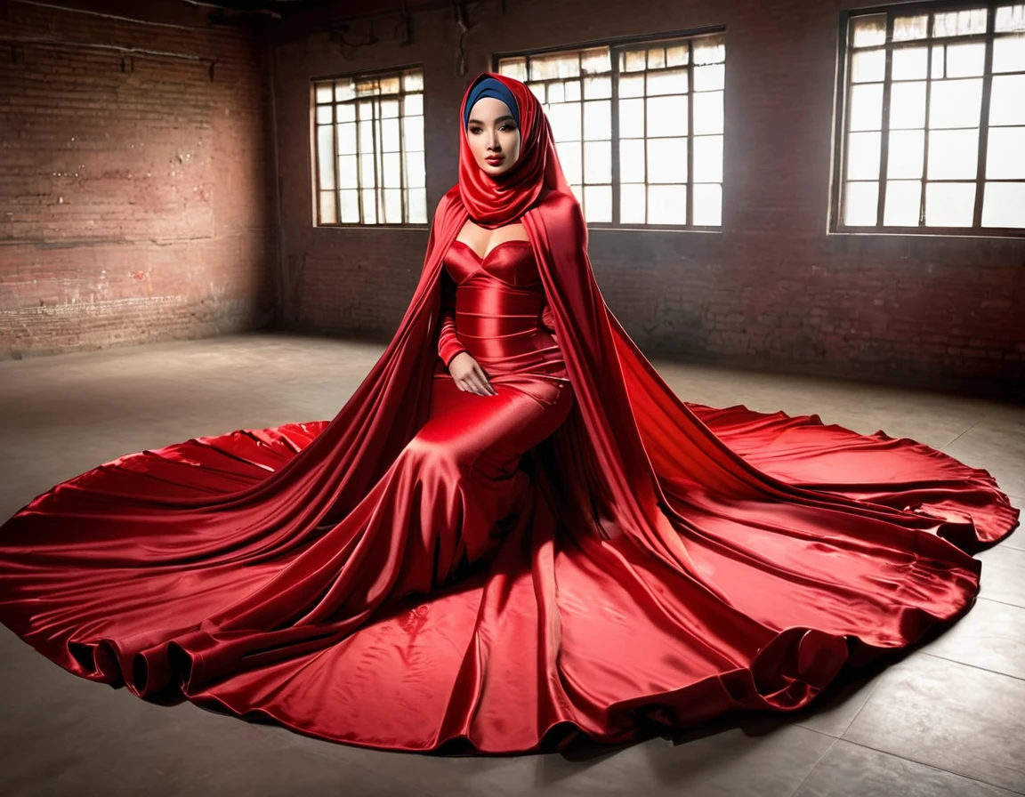 A woman shrouded in a 4-meter-long, plush red satin cloth, tightly bound and grandly draping along the form of her body, flowing off into a pooled floor-length train, styled in a mermaid-inspired outfit, her head modestly veiled in a satin hijab, a full-body pose conveying a sense of mysterious elegance, in luxury bed room, mosquito net, captured in a 4k resolution, ultra-realistic