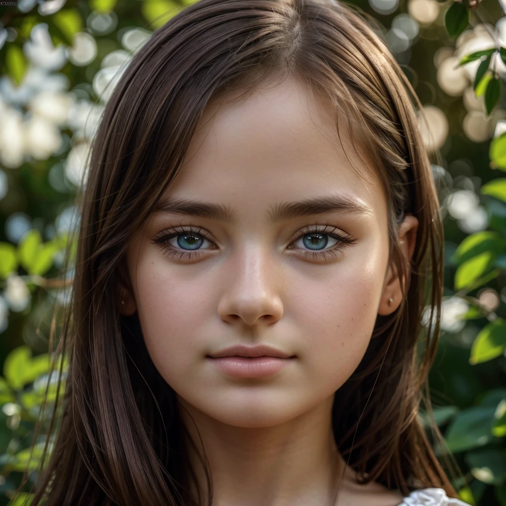 a cute young girl, detailed face with beautiful eyes, long eyelashes, delicate nose and lips, brown hair, (best quality,4k,8k,highres,masterpiece:1.2),ultra-detailed,(realistic,photorealistic,photo-realistic:1.37),highly detailed portrait, intricate details, warm lighting, soft focus, delicate skin, charming expression, natural setting, lush greenery, peaceful atmosphere