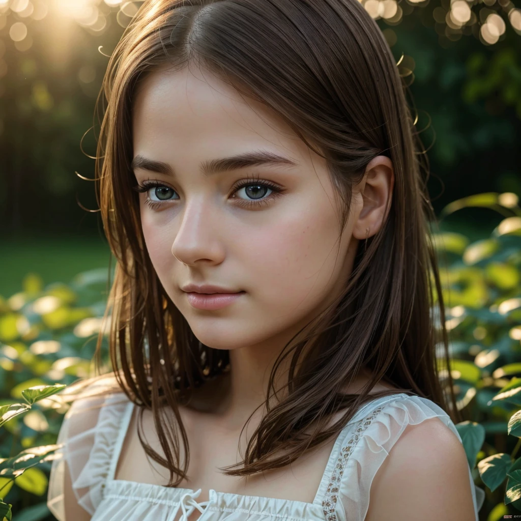 a cute young girl, detailed face with beautiful eyes, long eyelashes, delicate nose and lips, brown hair, (best quality,4k,8k,highres,masterpiece:1.2),ultra-detailed,(realistic,photorealistic,photo-realistic:1.37),highly detailed portrait, intricate details, warm lighting, soft focus, delicate skin, charming expression, natural setting, lush greenery, peaceful atmosphere