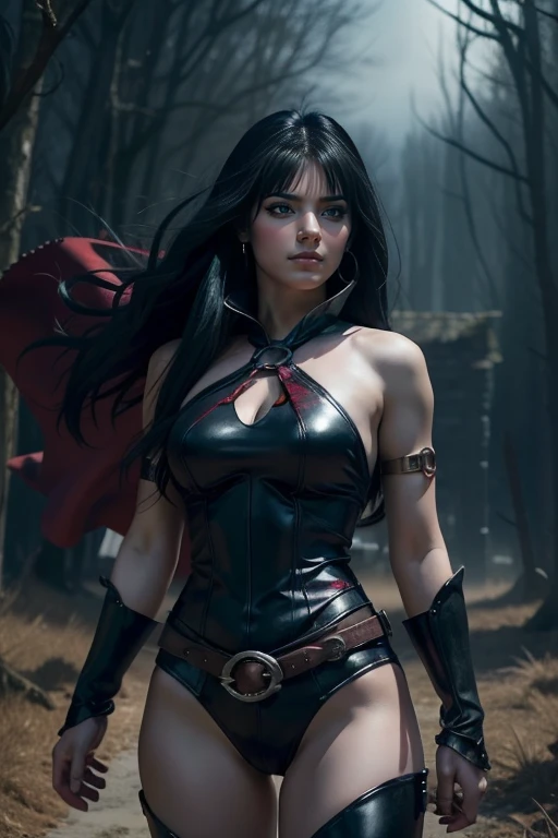 4K anime style quality, digital drawing mode, dark-fantasy themed anime female character, shoulder-length raven black hair with blood-red highlights, intense dark eyes, wearing a leather hunter's armor with crosses, holding a silver stake, Blur the background to create a three-dimensional effect, atmosphere, standing in the haunted countryside hunting vampires, radiant skin, flowing hair, glossy lips, focused eyes, full body, dynamic pose, life size, perfect anatomy, detailed skin texture, full HD, 4K, HDR, perfect anatomy, depth of field.