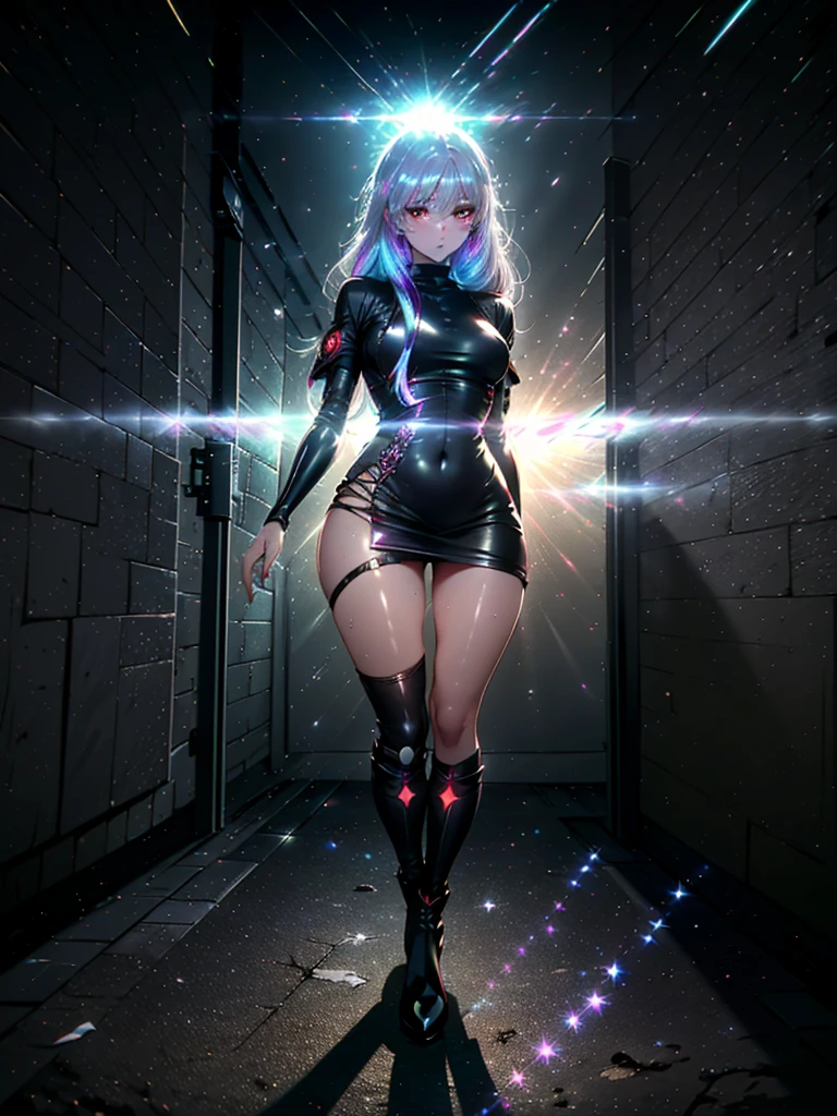 Girl with long white hair down to her waist, with small red details, red eyes, long black dress with a leg slit, with red details, long black boots up to below the knees, white skin, the ground around her is cracking and small stones are floating around her surrounded by a black aura, she is surrounded by shadows, and the background is dark like the night with the universe and stars, her presence causes fear, her shadow appears to be a monster, 8k, high quality, full body, (ultra-realistic), {extremely detailed 8k CG unit wallpaper}, expansive landscape photograph, (light: 2.0), (warm light source: 1.5), complex details, (iridescent colors: 1.5), (bright lighting), (atmospheric lighting), surreal, impressive, fantasy, (Solo: 1.2), White moon