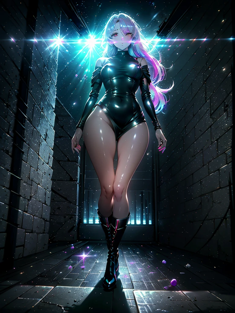 Girl with long white hair down to her waist, with small red details, red eyes, long black dress with a leg slit, with red details, long black boots up to below the knees, white skin, the ground around her is cracking and small stones are floating around her surrounded by a black aura, she is surrounded by shadows, and the background is dark like the night with the universe and stars, her presence causes fear, her shadow appears to be a monster, 8k, high quality, full body, (ultra-realistic), {extremely detailed 8k CG unit wallpaper}, expansive landscape photograph, (light: 2.0), (warm light source: 1.5), complex details, (iridescent colors: 1.5), (bright lighting), (atmospheric lighting), surreal, impressive, fantasy, (Solo: 1.2), White moon