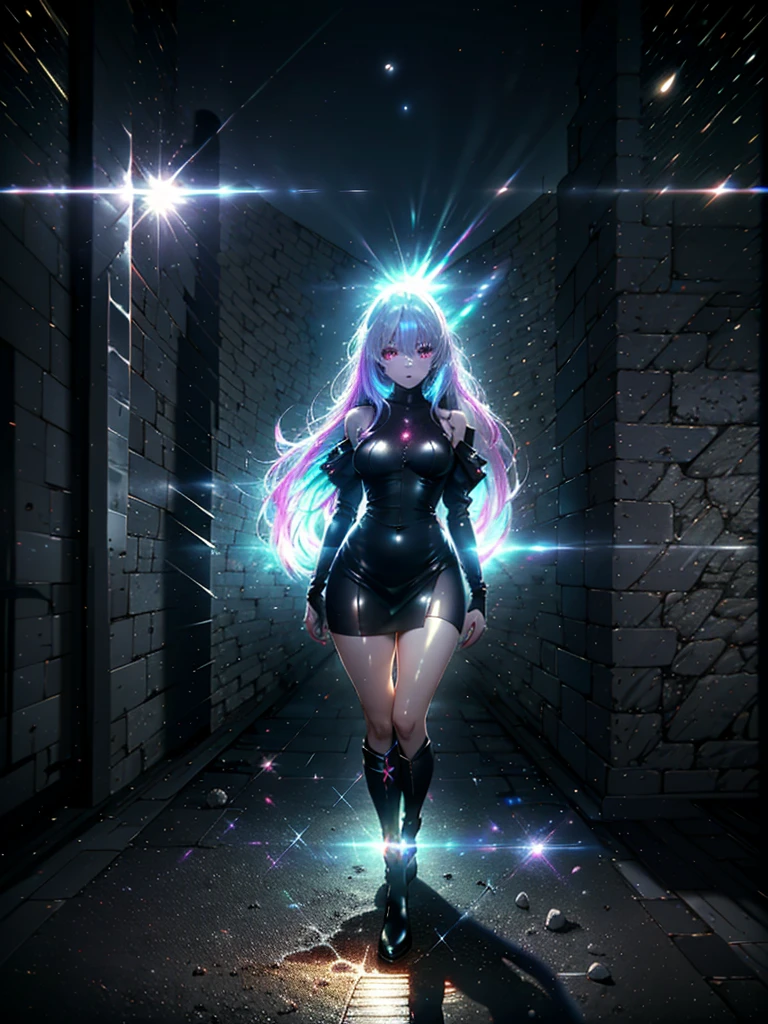 Girl with long white hair down to her waist, with small red details, red eyes, long black dress with a leg slit, with red details, long black boots up to below the knees, white skin, the ground around her is cracking and small stones are floating around her surrounded by a black aura, she is surrounded by shadows, and the background is dark like the night with the universe and stars, her presence causes fear, her shadow appears to be a monster, 8k, high quality, full body, (ultra-realistic), {extremely detailed 8k CG unit wallpaper}, expansive landscape photograph, (light: 2.0), (warm light source: 1.5), complex details, (iridescent colors: 1.5), (bright lighting), (atmospheric lighting), surreal, impressive, fantasy, (Solo: 1.2), White moon