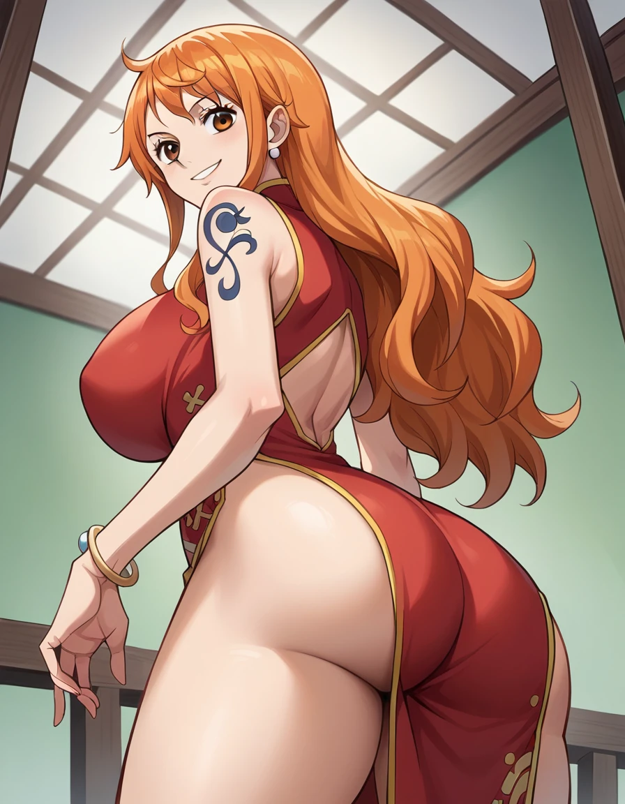 score_9, score_8_up, source_anime, best quality, nami, NAAmi, orange hair, orange eyes, long hair, large breasts, standing, looking at viewer, china dress, red clothes, smile, indoor, cowboy shot, low angle, from behind, big ass naked 