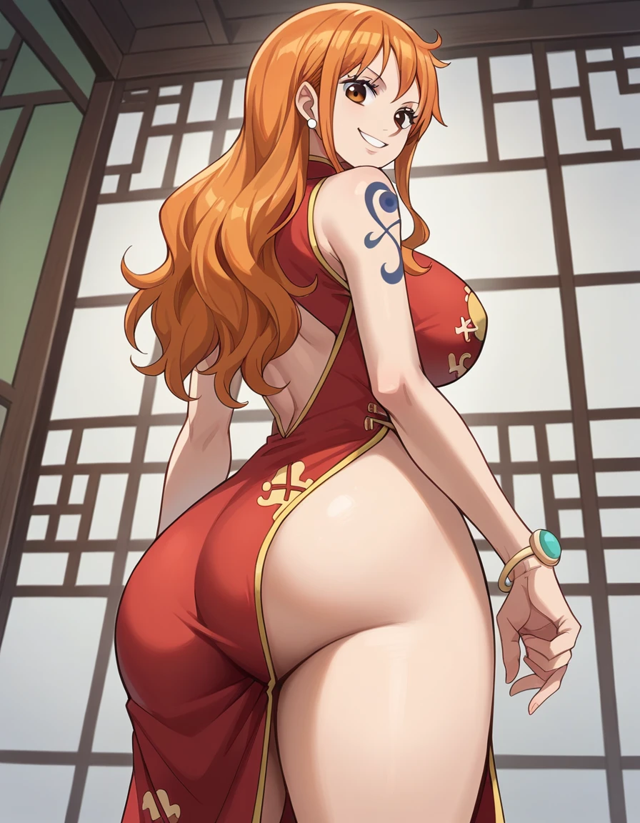 score_9, score_8_up, source_anime, best quality, nami, NAAmi, orange hair, orange eyes, long hair, large breasts, standing, looking at viewer, china dress, red clothes, smile, indoor, cowboy shot, low angle, from behind, big ass naked 