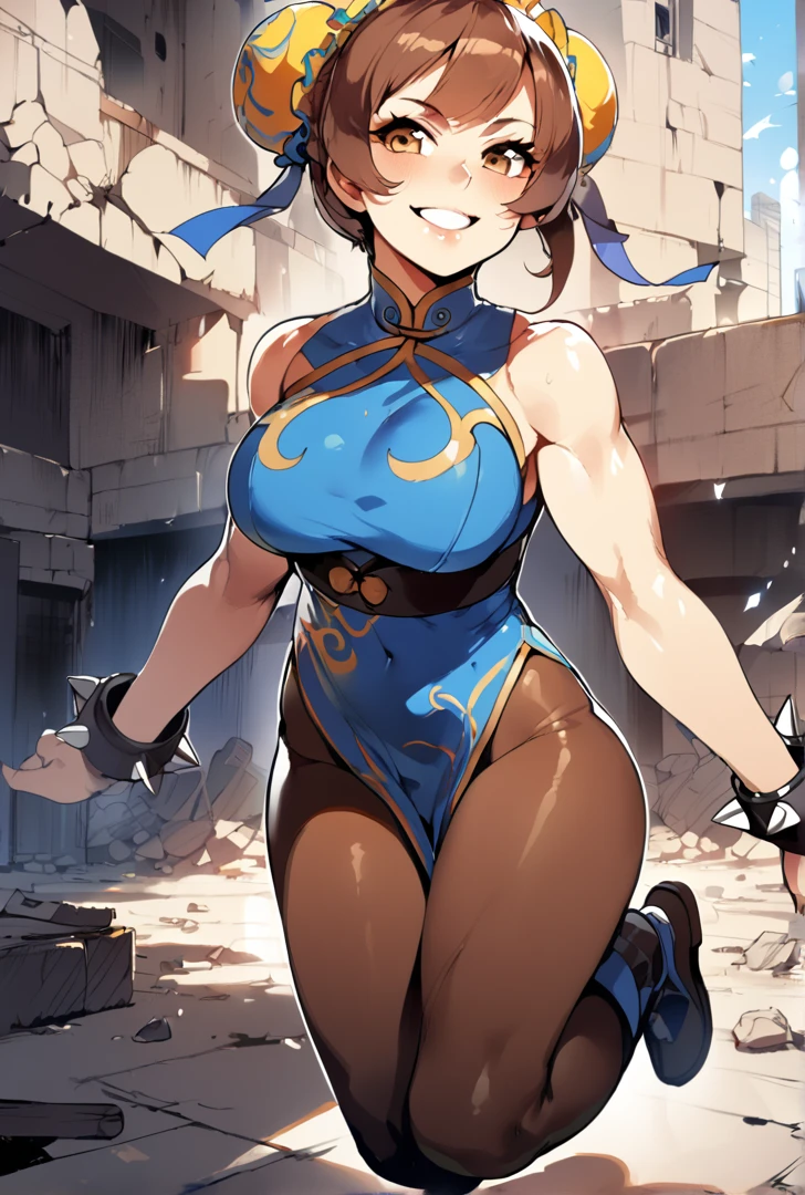 1girl, (solo:1.2), (jumping:1.3), (mid air:1.3), (cowboy shot:1.5), smile, happy, (masterpiece:1.3), (best quality:1.3), (perfect anatomy:1.4), highly detailed, chun li, brown eyes, short hair, brown hair, double bun, bun cover, blue dress, pelvic curtain, spiked bracelet, sash, brown pantyhose, (post fight scenery:1.3), rubble, outside, daylight, nyantcha, expressive faces, anime-inspired, (cell shading:1.2), lips
