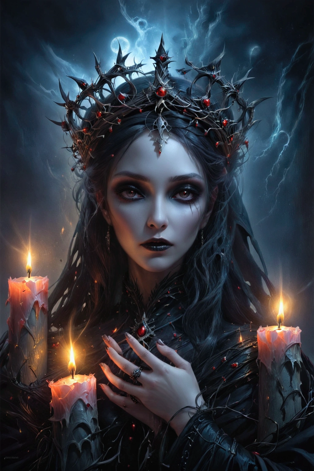 a woman with a crown of thorns holding candles in her hands, gothic fantasy art, dark fantasy style art, dark fantasy art, in style of dark fantasy art, priestess of the damned, gothic maiden of the dark, fantasy dark art, dark fantasy mixed with realism, gothic maiden, dark fantasy portrait, gothic maiden shaman, dark fantasy digital art