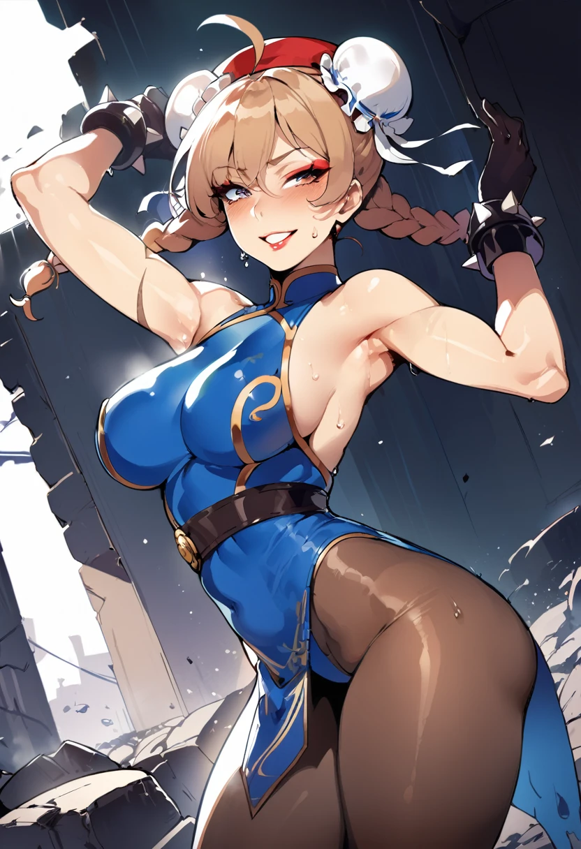 masterpiece,best quality,extreme detail,8k,cammyfn, 1girl, solo, Cammy, long hair, breasts, blue eyes,brown blonde hair, large breasts, gloves, red hat, braid, ahoge, twin braids, leotard, lips, makeup, beret, scar, antenna hair, nose, harness, huge ahoge, green leotard,sleeveless, sweaty,sweat, exhausted,sleeveless,cross eye, full body , 1girl, (solo:1.2), (jumping:1.3), (mid air:1.3), (cowboy shot:1.5), smile, happy, (masterpiece:1.3), (best quality:1.3), (perfect anatomy:1.4), highly detailed, chun li, brown eyes, short hair, double bun, bun cover, blue dress, pelvic curtain, spiked bracelet, sash, brown pantyhose, (post fight scenery:1.3), rubble, outside, daylight, nyantcha, expressive faces, anime-inspired, (cell shading:1.2), lips, merging
