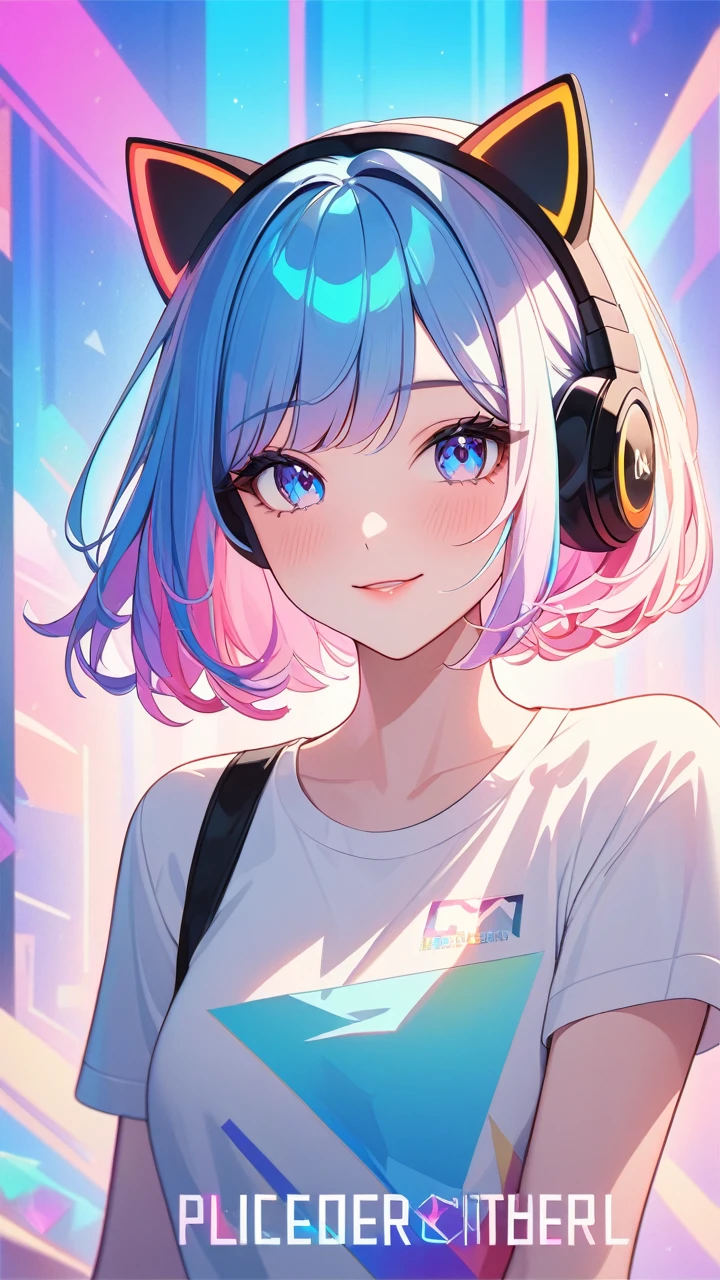 masterpiece,bestquality,superwideangle,fingeraudience,1girl, cat headphones,pinkandbluehair,hand,cuteanimeface,tears,masterpiece,transparentcolorPVCclothing,transparentcolorvinylclothing,wholebody,glitchlump}onface,smile,mediumhair,filmgrain,lens_flare,colorful,chromaticaberration,dynamicpov,closedmouth,Intenseemotionalexpression:death,glitchart,ultra-detailed,extremelydelicateandbeautiful,albumcover,album,albumdescription,Pixilationonface,Doubleexposure,ChromaticAberration,Lightleaks,Noiseandgrain,Colordegradation,Glitchlettering,art,abstractart,geometry,clearlines,squares,bright,limitedpalette,{canonicalcomposition},neatdiagonalstripedbackground,{{bluewithwhitestripedbackground}},{limitedpalette},flatcolored,blueandwhite,