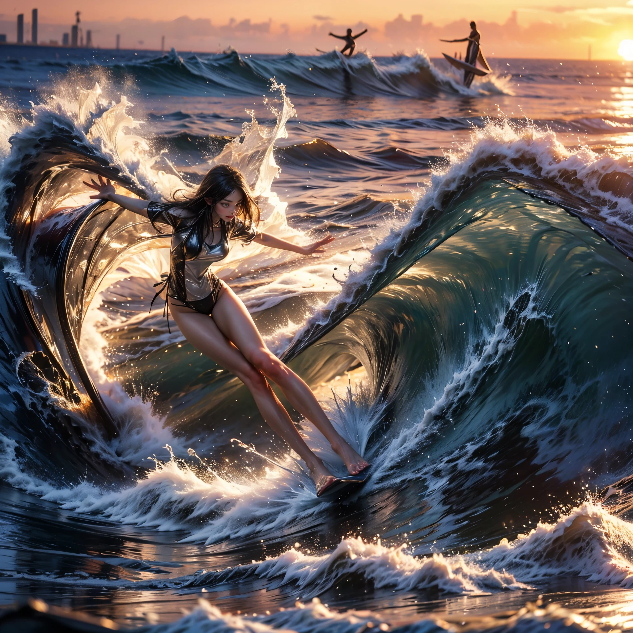 (Luminism:1.28), Side view, TopQuality 8K Masterpiece (ProfessionalPHOTO:1.37) (Extremely Detailed (A girl Balancing on a Life Size straight surfboard)), Colorful morning Glory Rays, (There is Only one surfboard under her feet:1.32) Sparkling Waves Splashing water Particles, Glowing Wet Hair, hourglass body type, Dynamic motion blur, Perfect Hand, (Surfing Photos:1.4) 