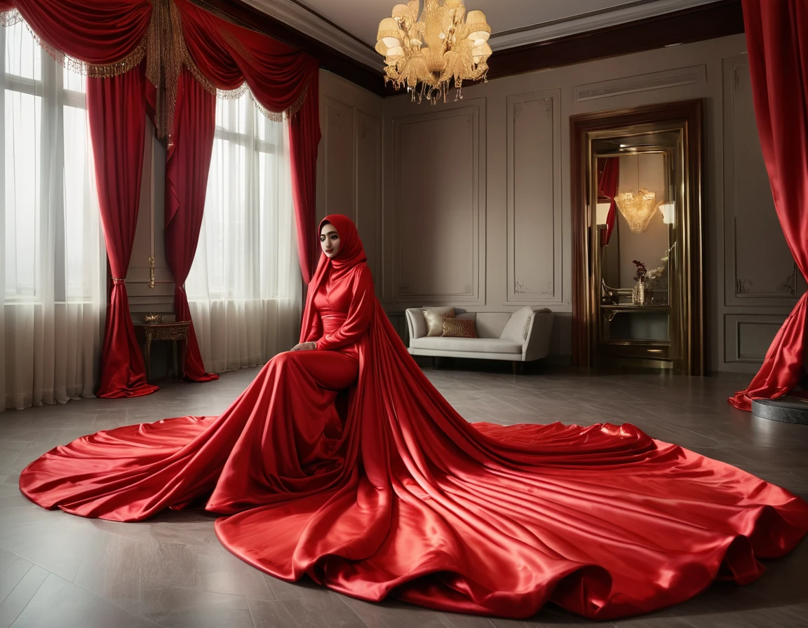 A woman shrouded in a 4-meter-long, plush red satin cloth, tightly bound and grandly draping along the form of her body, flowing off into a pooled floor-length train, styled in a mermaid-inspired outfit, her head modestly veiled in a satin hijab, a full-body pose conveying a sense of mysterious elegance, in luxury bed room, mosquito net, captured in a 4k resolution, ultra-realistic