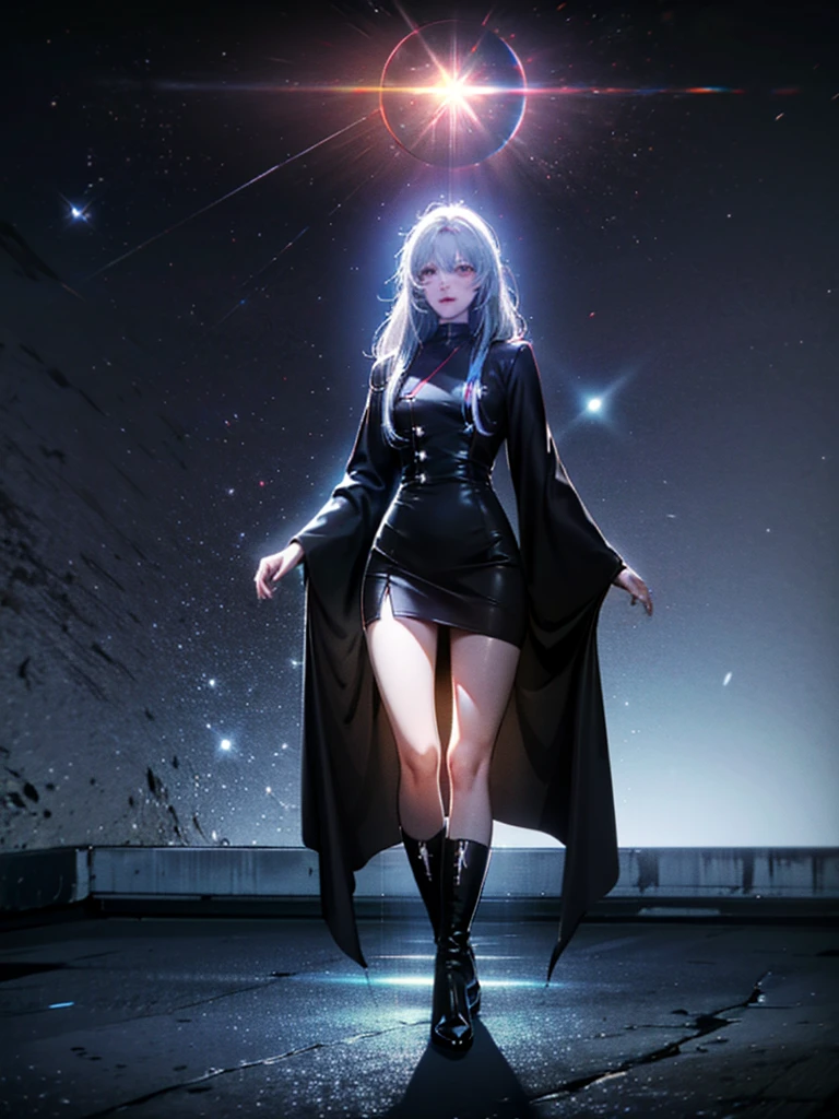 Girl with long white hair down to her waist, with small red details, red eyes, long black dress with a leg slit, with red details, long black boots up to below the knees, white skin, the ground around her is cracking and small stones are floating around her surrounded by a black aura, she is surrounded by shadows, and the background is dark like the night with the universe and stars, her presence causes fear, her shadow appears to be a monster, 8k, high quality, full body, (ultra-realistic), {extremely detailed 8k CG unit wallpaper}, expansive landscape photograph, (light: 2.0), (warm light source: 1.5), complex details, (iridescent colors: 1.5), (bright lighting), (atmospheric lighting), surreal, impressive, fantasy, (Solo: 1.2), White moon