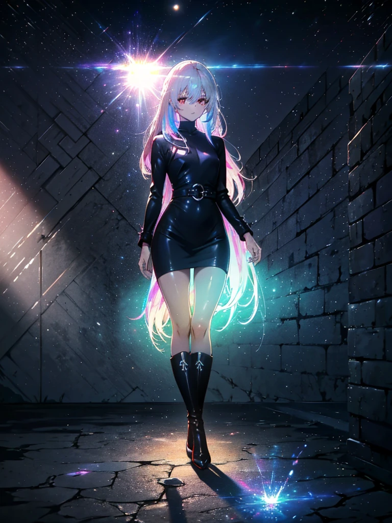 Girl with long white hair down to her waist, with small red details, red eyes, long black dress with a leg slit, with red details, long black boots up to below the knees, white skin, the ground around her is cracking and small stones are floating around her surrounded by a black aura, she is surrounded by shadows, and the background is dark like the night with the universe and stars, her presence causes fear, her shadow appears to be a monster, 8k, high quality, full body, (ultra-realistic), {extremely detailed 8k CG unit wallpaper}, expansive landscape photograph, (light: 2.0), (warm light source: 1.5), complex details, (iridescent colors: 1.5), (bright lighting), (atmospheric lighting), surreal, impressive, fantasy, (Solo: 1.2), White moon