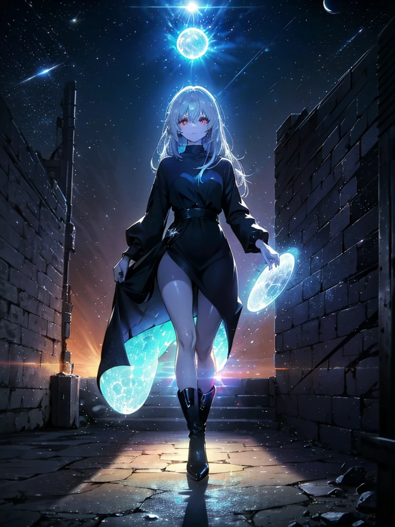 Girl with long white hair down to her waist, with small red details, red eyes, long black dress with a leg slit, with red details, long black boots up to below the knees, white skin, the ground around her is cracking and small stones are floating around her surrounded by a black aura, she is surrounded by shadows, and the background is dark like the night with the universe and stars, her presence causes fear, her shadow appears to be a monster, 8k, high quality, full body, (ultra-realistic), {extremely detailed 8k CG unit wallpaper}, expansive landscape photograph, (light: 2.0), (warm light source: 1.5), complex details, (iridescent colors: 1.5), (bright lighting), (atmospheric lighting), surreal, impressive, fantasy, (Solo: 1.2), White moon