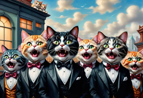 louis william wain and mark ryden-inspired digital art. cats in tuxedos screaming like opera singers on the roof. they open thei...