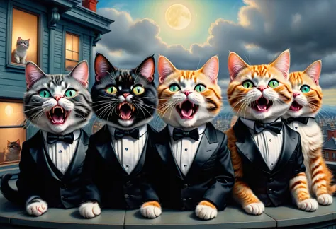 louis william wain and mark ryden-inspired digital art. cats in tuxedos screaming like opera singers on the roof. they open thei...