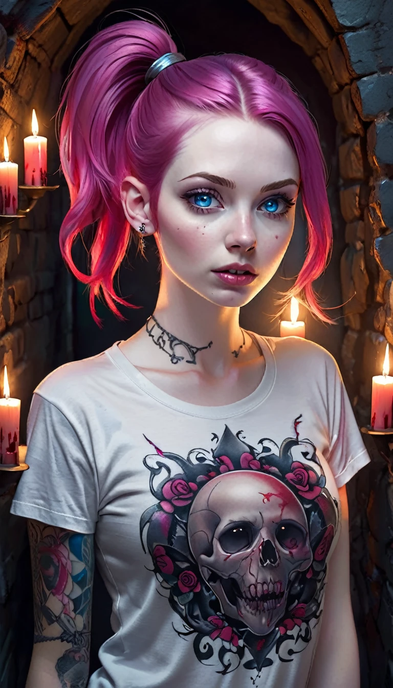 skini girl, grey t-shirt , (((((pale skin)))))), blue eyes, white girl, deep pink hair,  ultra realistic, 16 years old, large breast, (((uge breast))), ponytail hair, dark tunnel full of skulls with little light background, candle lights, blood in face, scarry face, gore,((tattoo skull breast))