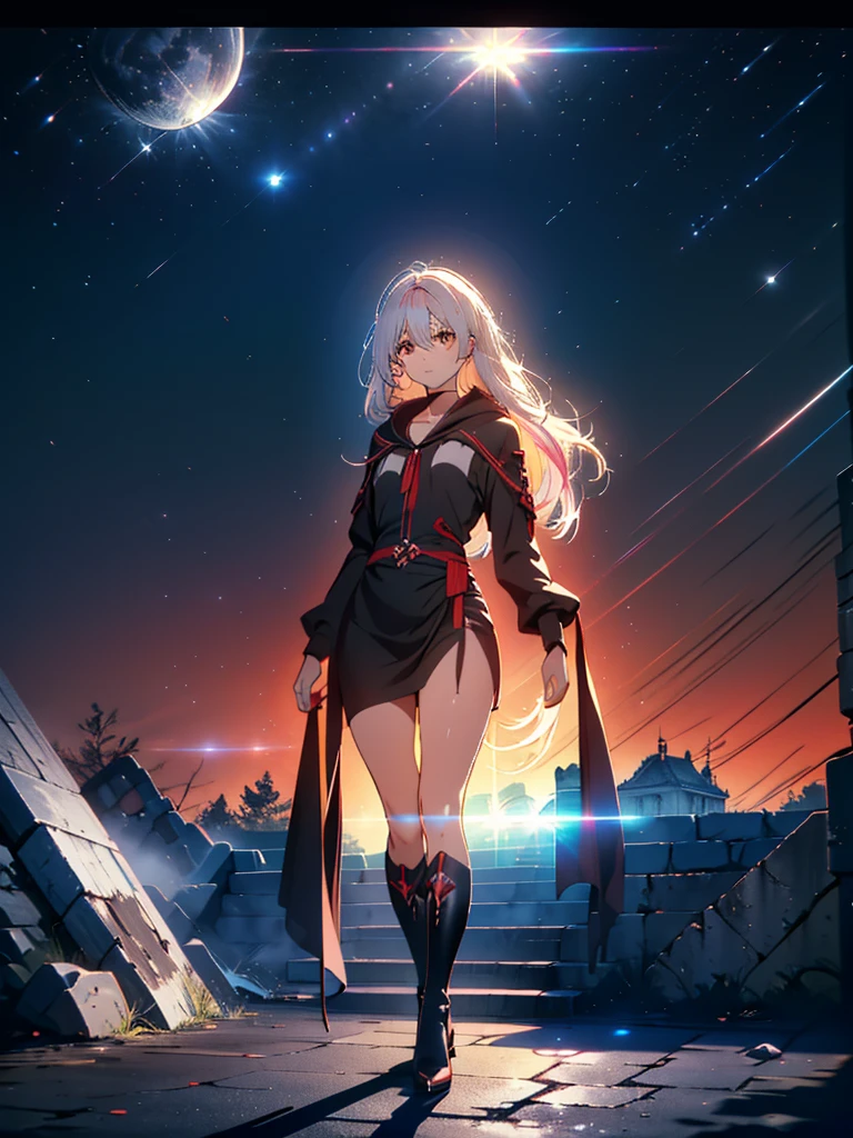 Girl with long white hair down to her waist, with small red details, red eyes, long black dress with a leg slit, with red details, long black boots up to below the knees, white skin, the ground around her is cracking and small stones are floating around her surrounded by a black aura, she is surrounded by shadows, and the background is dark like the night with the universe and stars, her presence causes fear, her shadow appears to be a monster, 8k, high quality, full body, (ultra-realistic), {extremely detailed 8k CG unit wallpaper}, expansive landscape photograph, (light: 2.0), (warm light source: 1.5), complex details, (iridescent colors: 1.5), (bright lighting), (atmospheric lighting), surreal, impressive, fantasy, (Solo: 1.2), White moon