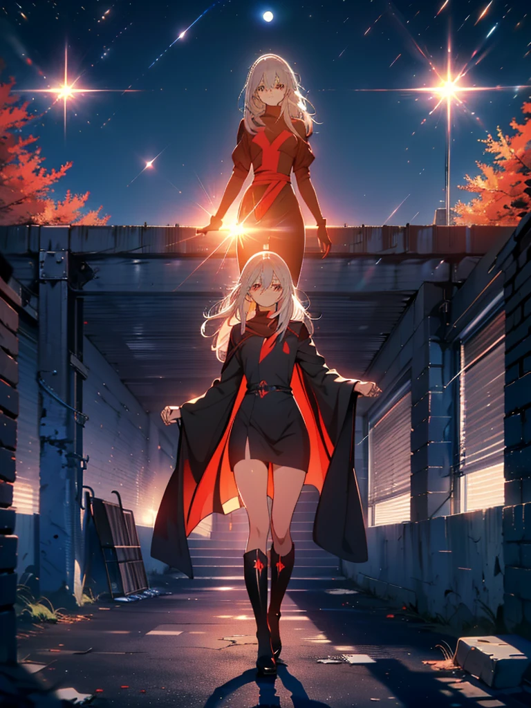 Girl with long white hair down to her waist, with small red details, red eyes, long black dress with a leg slit, with red details, long black boots up to below the knees, white skin, the ground around her is cracking and small stones are floating around her surrounded by a black aura, she is surrounded by shadows, and the background is dark like the night with the universe and stars, her presence causes fear, her shadow appears to be a monster, 8k, high quality, full body, (ultra-realistic), {extremely detailed 8k CG unit wallpaper}, expansive landscape photograph, (light: 2.0), (warm light source: 1.5), complex details, (iridescent colors: 1.5), (bright lighting), (atmospheric lighting), surreal, impressive, fantasy, (Solo: 1.2), White moon