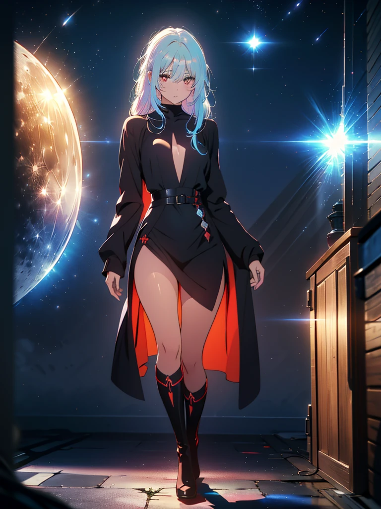 Girl with long white hair down to her waist, with small red details, red eyes, long black dress with a leg slit, with red details, long black boots up to below the knees, white skin, the ground around her is cracking and small stones are floating around her surrounded by a black aura, she is surrounded by shadows, and the background is dark like the night with the universe and stars, her presence causes fear, her shadow appears to be a monster, 8k, high quality, full body, (ultra-realistic), {extremely detailed 8k CG unit wallpaper}, expansive landscape photograph, (light: 2.0), (warm light source: 1.5), complex details, (iridescent colors: 1.5), (bright lighting), (atmospheric lighting), surreal, impressive, fantasy, (Solo: 1.2), White moon