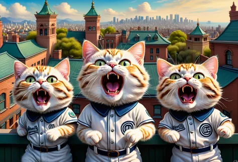 louis william wain and mark ryden-inspired digital art. cats in baseball uniforms screaming like opera singers on the roof. they...