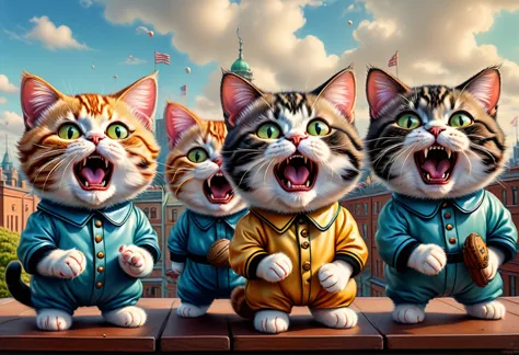 louis william wain and mark ryden-inspired digital art. cats in baseball uniforms screaming like opera singers on the roof. they...