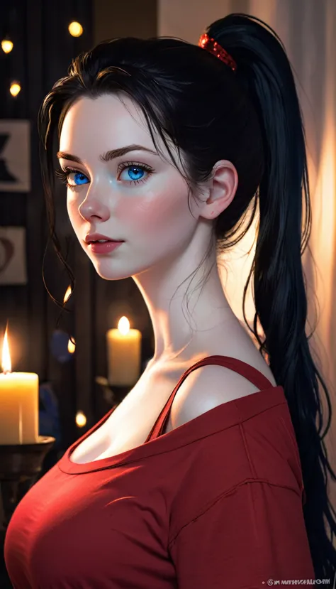 skini girl, red t-shirt , (((((pale skin)))))), blue eyes,
 white girl, deep black hair,  ultra realistic, 16 years old,
 large ...