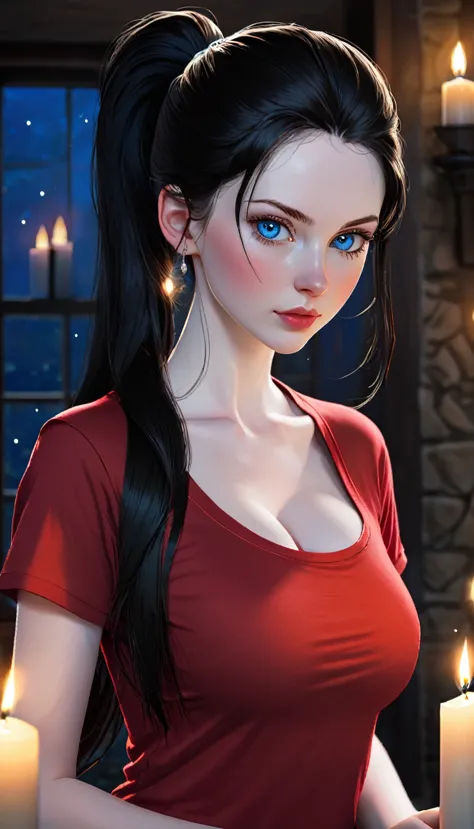 skini girl, red t-shirt , (((((pale skin)))))), blue eyes, white girl, deep black hair, ultra realistic, 16 years old, large bre...