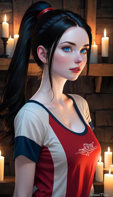 skini girl, red t-shirt , (((((pale skin)))))), blue eyes, white girl, deep black hair, ultra realistic, 16 years old, large bre...