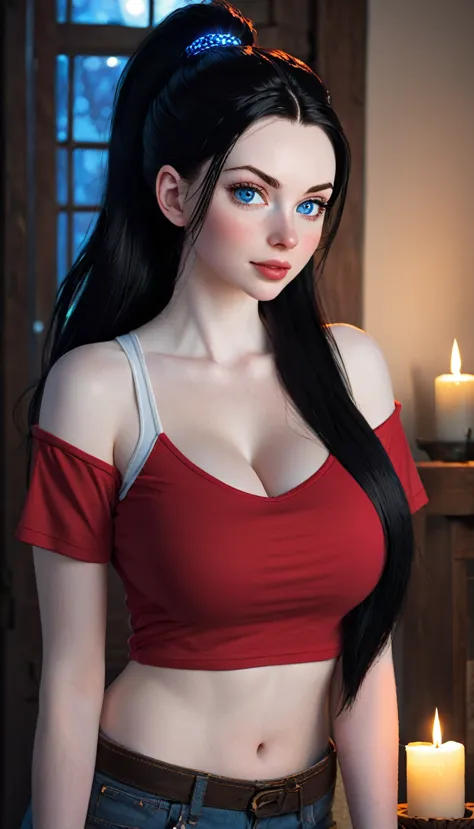 skini girl, red t-shirt , (((((pale skin)))))), blue eyes, white girl, deep black hair, ultra realistic, 16 years old, large bre...