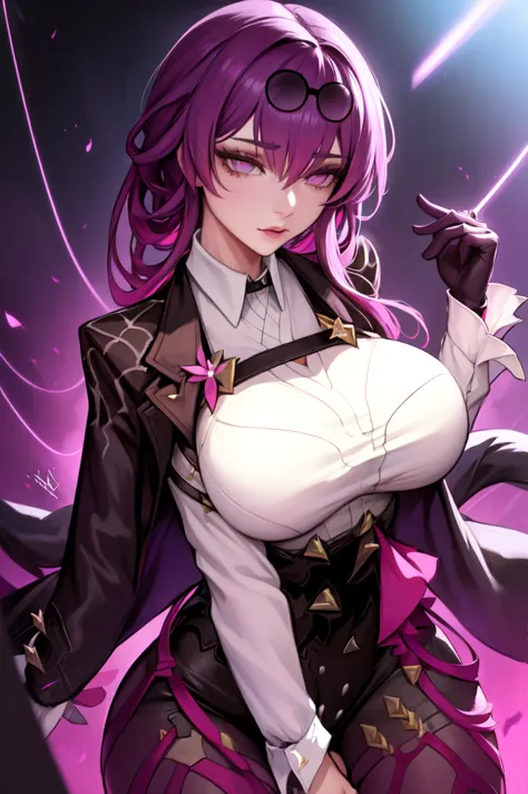 highly detailed, high quality, masterpiece, beautiful, solo, 1girl, splash art, kafka, purple eyes, jacket, night, night sky, st...