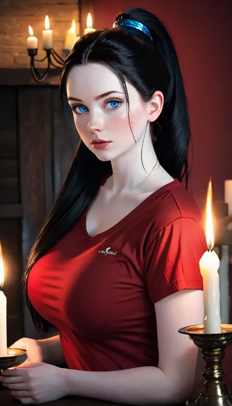 skini girl, red t-shirt , (((((pale skin)))))), blue eyes, white girl, deep black hair, ultra realistic, 16 years old, large bre...