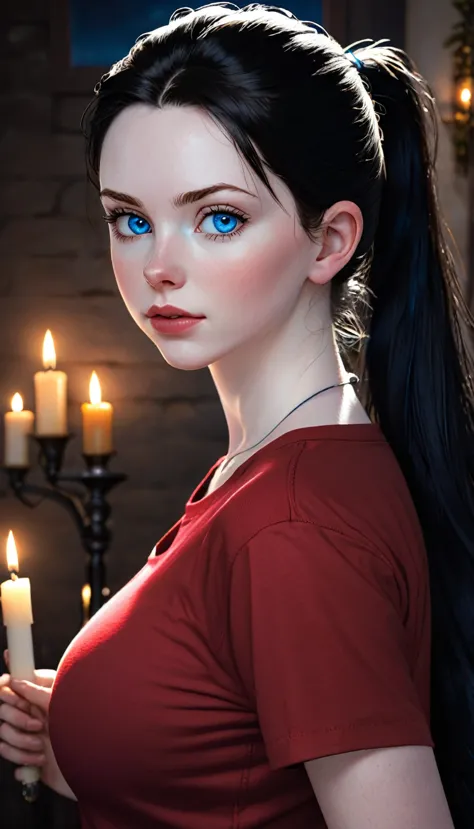 skini girl, red t-shirt , (((((pale skin)))))), blue eyes, white girl, deep black hair, ultra realistic, 16 years old, large bre...