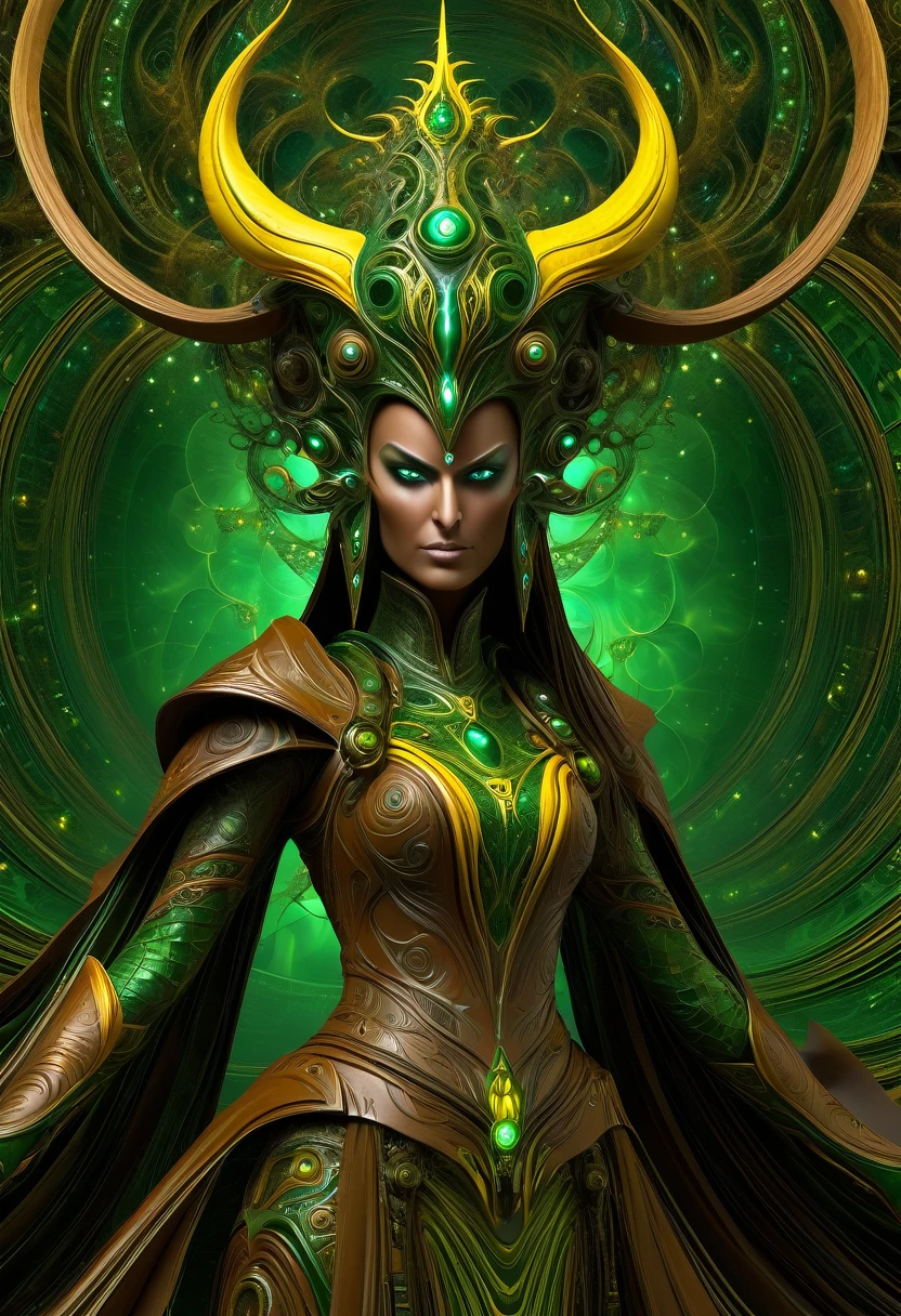 Tzeentch como una mujer,mostrando su propio poder.((cambiante,conocimiento,desafío, Trazado, previendo)),((Verde oscuro,marrón oxidado, amarillento verdoso)),(( Vista de figura completa)). ((Vista de tres cuartos)).((fractal)),((vista profunda)),escenario de fondo del espacio de la disformidad,Fotográfico,resolución ultra alta,hiperdetallado, obra maestra, Modelado 3D, arte digital. 