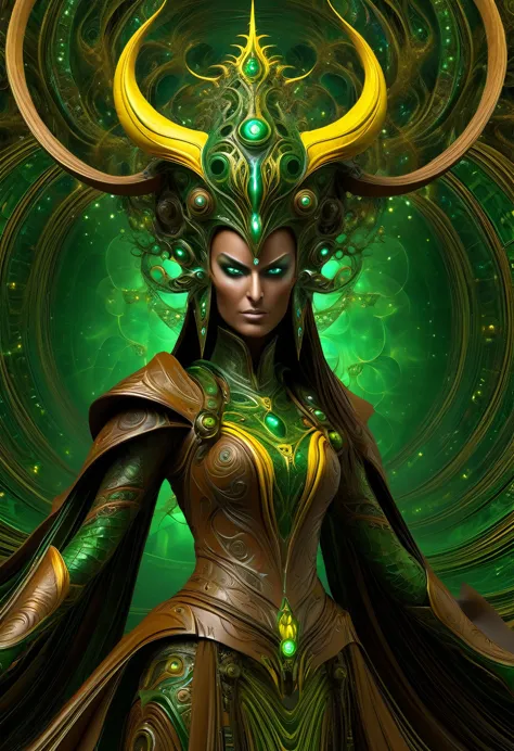 tzeentch as a woman,displaying her own power.((changing,knowledge,defiance, plotting, foreseeing)),((dark green,rusted brown, ye...