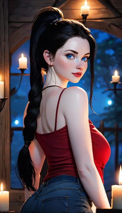 skini girl, red t-shirt , (((((pale skin)))))), blue eyes, white girl, deep black hair, ultra realistic, 16 years old, large bre...