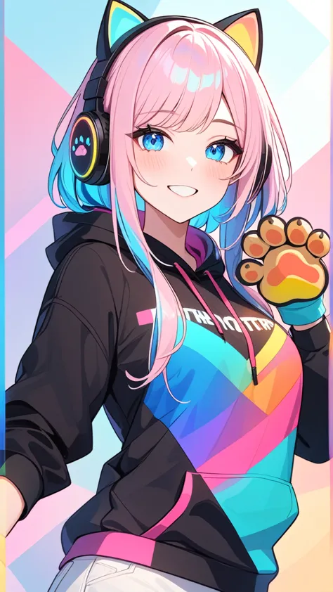 masterpiece,bestquality,superwideangle,fingeraudience,1girl,cat paws gloves, cat headphones,hoodie,pinkandbluehair,hand,cuteanim...