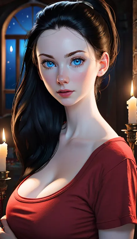 skini girl, red t-shirt , (((((pale skin)))))), blue eyes, white girl, deep black hair, ultra realistic, 16 years old, large bre...