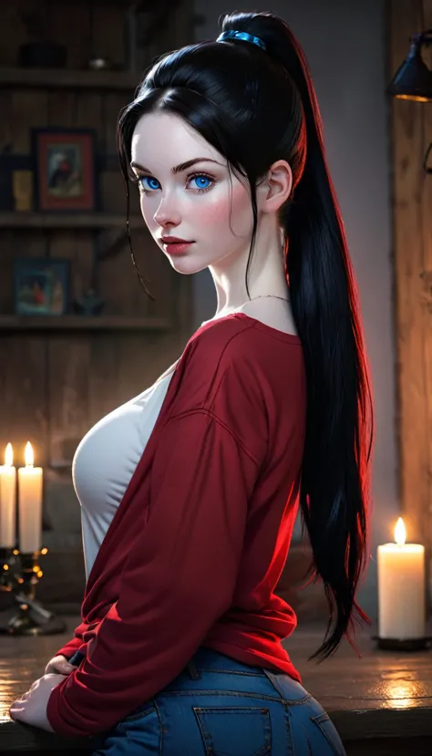 skini girl, red t-shirt , (((((pale skin)))))), blue eyes, white girl, deep black hair, ultra realistic, 16 years old, large bre...