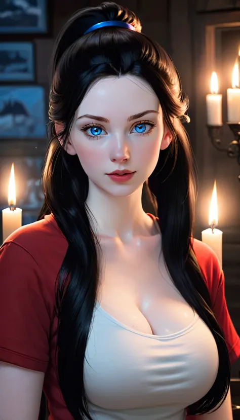 skini girl, red t-shirt , (((((pale skin)))))), blue eyes, white girl, deep black hair, ultra realistic, 16 years old, large bre...