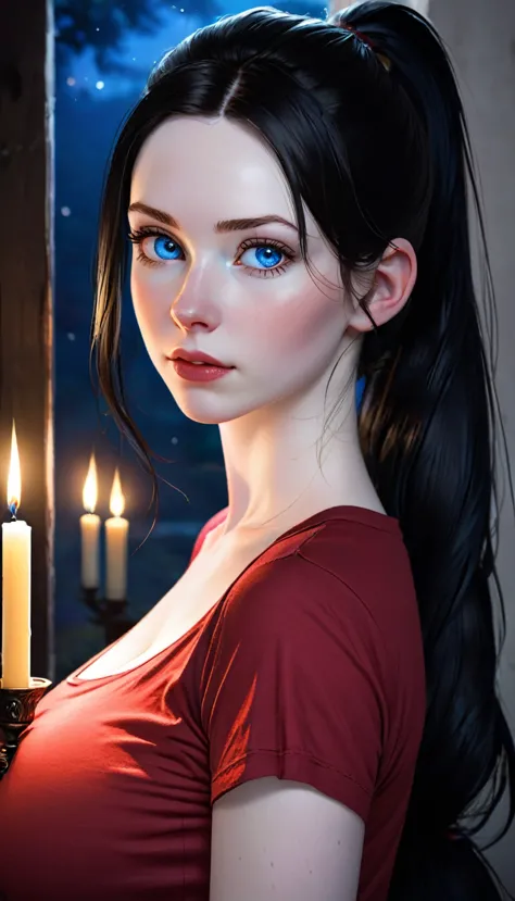 skini girl, red t-shirt , (((((pale skin)))))), blue eyes, white girl, deep black hair, ultra realistic, 16 years old, large bre...