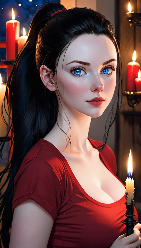 skini girl, red t-shirt , (((((pale skin)))))), blue eyes, white girl, deep black hair, ultra realistic, 16 years old, large bre...