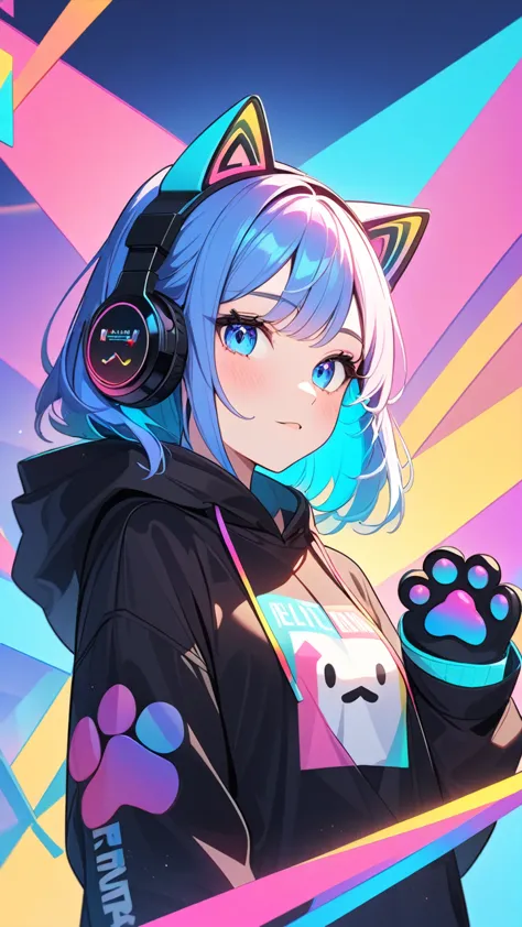 masterpiece,bestquality,superwideangle,fingeraudience,1girl,cat paws gloves, cat headphones,hoodie,pinkandbluehair,hand,cuteanim...