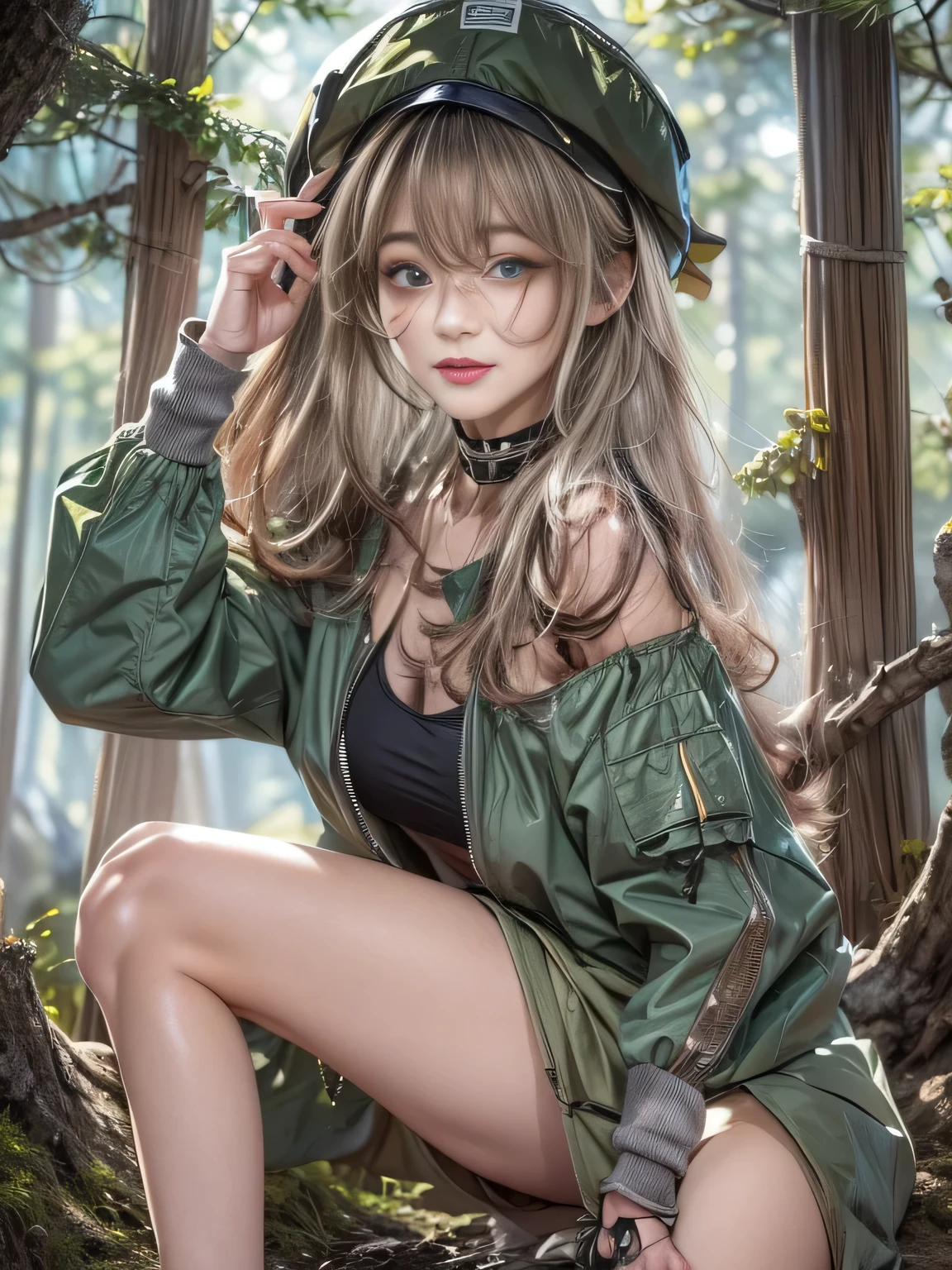 Very beautiful woman, Highly detailed eyes, Highly detailed face, Sexy and highly detailed lips, Super detailed everything, Attractive woman, Black choker, blue eyes, Very long eyelashes, bangs, Big Breasts, , Highest quality, masterpiece, ((Slim face)), Japanese actress, servant, ((High nose)), ((Mountaineering wear、Hunter Equipment), Happy atmosphere, , ((forest, Deep in the mountains)), mini skirt, ((camp、tent))，During meals