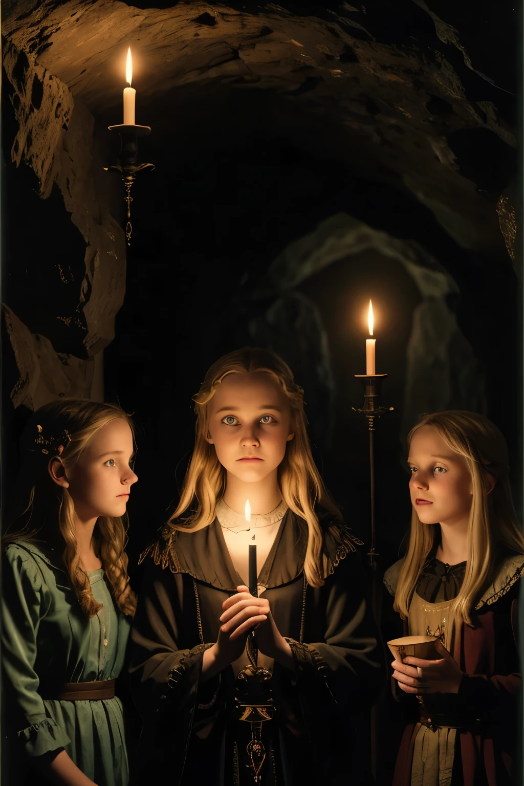 illustration of 15 years old Virginia Otis blonde hair blue eyes youngest cute face, from the Canterville Ghost, furtively observing a group of followers of the Goddess Freia who are celebrating a forbidden ritual inside a mysterious cave. We are sure that only a talented artist like you will be able to capture the essence of this magical and mysterious encounter. Your drawing will be fundamental for the creation of a unique publication, which combines the gothic atmosphere and the charm of the supernatural. Remember to add evocative details, such as candle flames dancing in the dark, shadows moving ominously along the rock walls, and Virgin Otis' claws clinging to the stone. Highlight the aura of mystery and emotion that this forbidden encounter evokes.